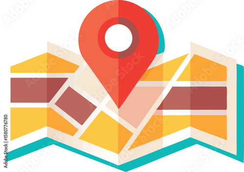 Colorful Map and Pin Icons Representing GPS Navigation and Location Tracking