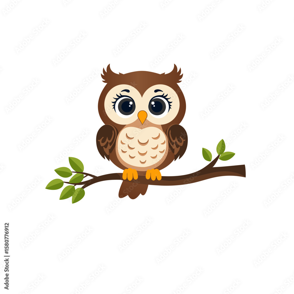 Fototapeta premium Cute cartoon owl perched on a branch