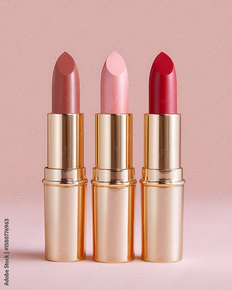 Fototapeta premium Three lipsticks in rose gold tubes on a pink background nude pink and red shades