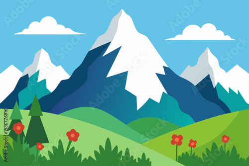 alpine landscape with tall peaks and wildflowers