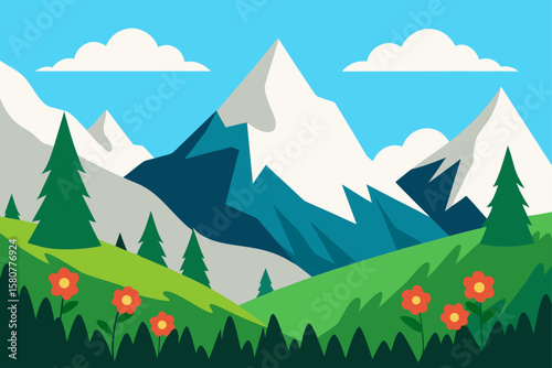 alpine landscape with tall peaks and wildflowers