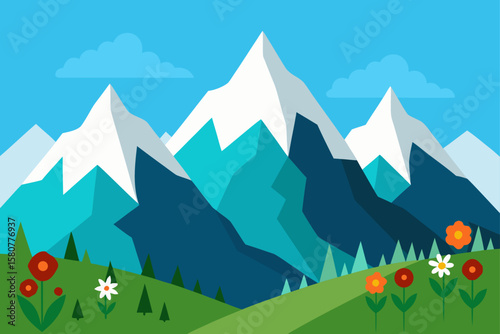 alpine landscape with tall peaks and wildflowers