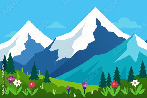 alpine landscape with tall peaks and wildflowers