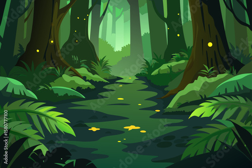 deep rainforest floor with glowing moss and ferns