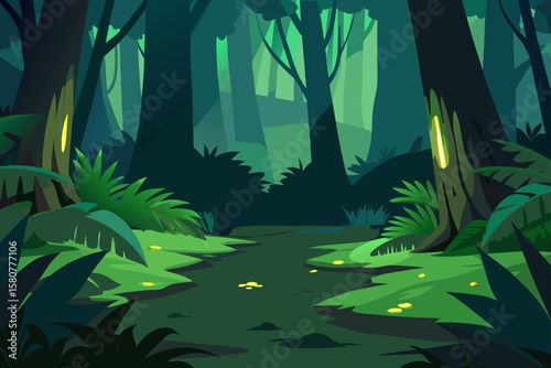 deep rainforest floor with glowing moss and ferns