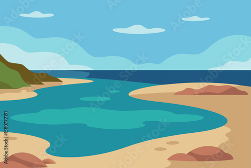 empty bay with tide pools and seaweed