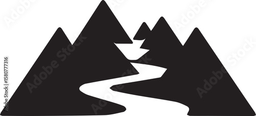 Mountain Stream Graphic Vector Illustration of Flowing River Through Peaks for Outdoor Adventure Themes