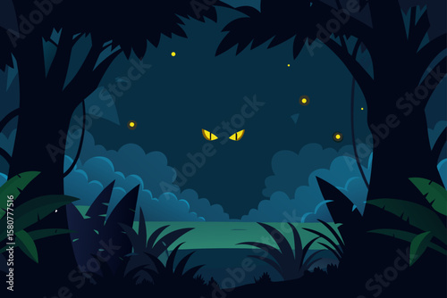 nighttime jungle scene with glowing eyes
