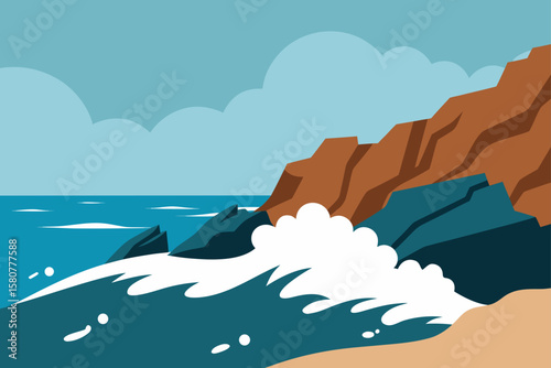 rocky shore with crashing surf and salt spray