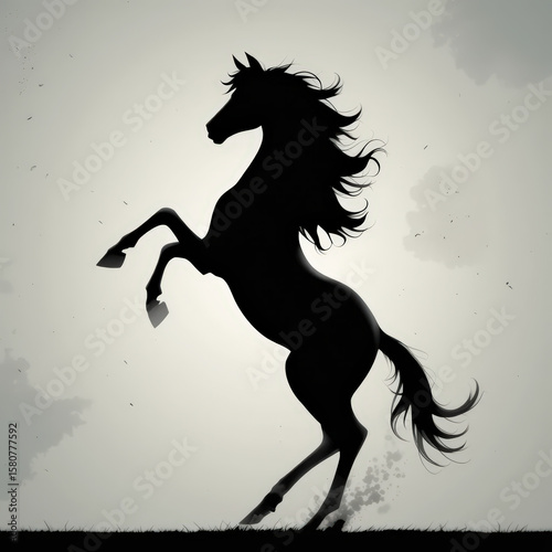 majestic black horse rearing up on its hind legs in dramatic silhouette against cloudy sky, with its mane and tail flowing gracefully in wind.