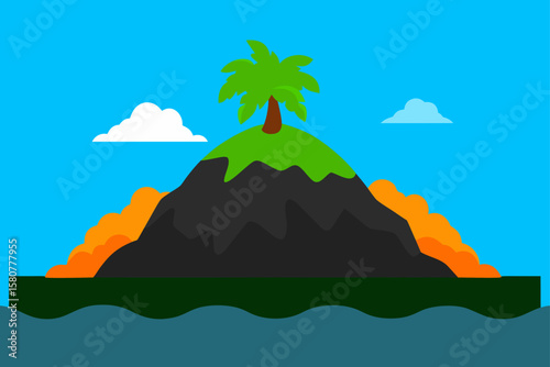volcanic island with black rock and lush vegetat