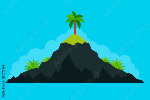 volcanic island with black rock and lush vegetat