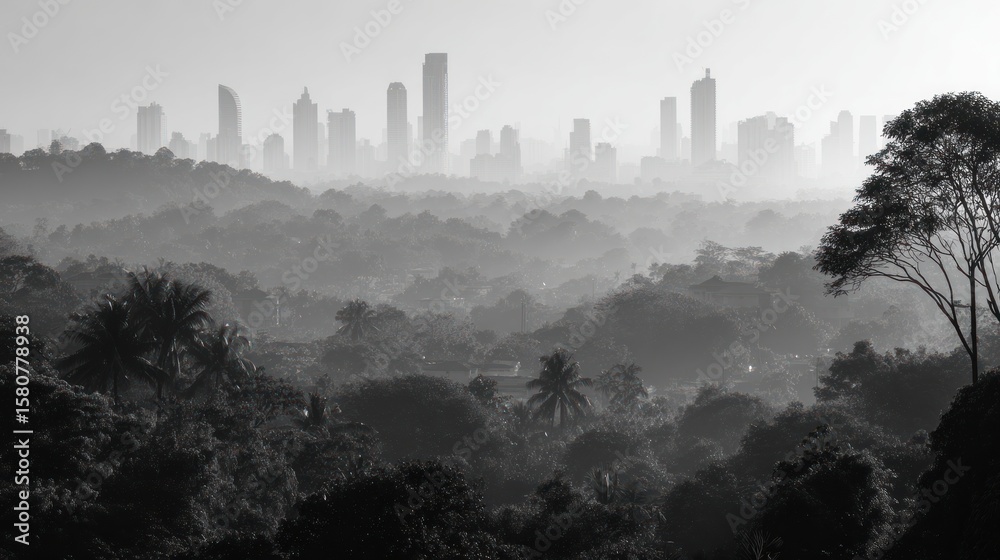 Fototapeta premium Misty city skyline over lush forests