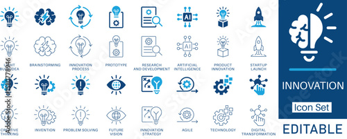 Innovation and Technology icon set. Contains symbols for Creative Thinking, Startup Launch, AI, and Digital Transformation. Vector design in solid and line styles for research and business strategy.
