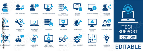 Tech support icon set. Includes IT support, troubleshooting, help desk, cybersecurity, system backup, AI assistance, problem solving, and more. Perfect for IT, software, web, apps, and infographics.