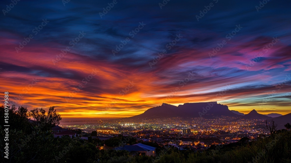 Obraz premium A scenic sunset over Cape Town, with the city lights twinkling below and the mountain silhouetted against a colorful sky.
