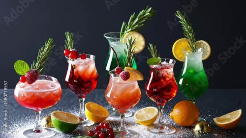 Vibrant cocktail display with fresh citrus and berries in elegant glasses