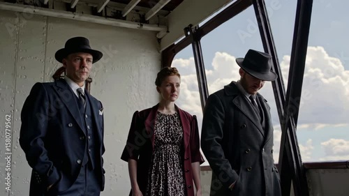 Mysterious trio in vintage attire on steamboat deck under cloudy sky