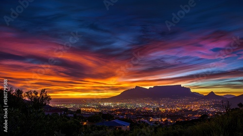 Fototapeta Naklejka Na Ścianę i Meble -  A scenic sunset over Cape Town, with the city lights twinkling below and the mountain silhouetted against a colorful sky.