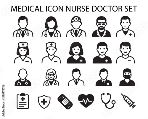 Medical Professional Icons Including Doctors and Nurses in Black and White