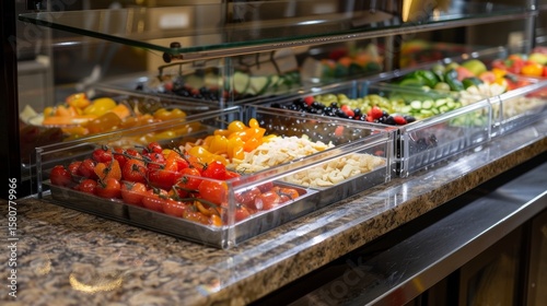 A clear glass sneeze guard protecting the toppings from airborne germs.