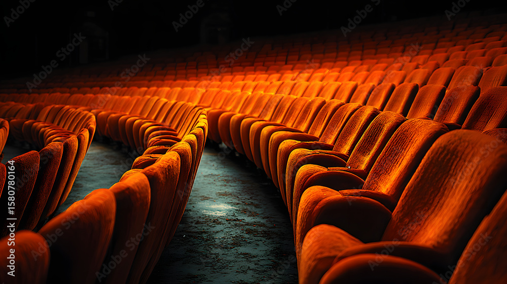 Obraz premium Rows of orange seats in a theater auditorium
