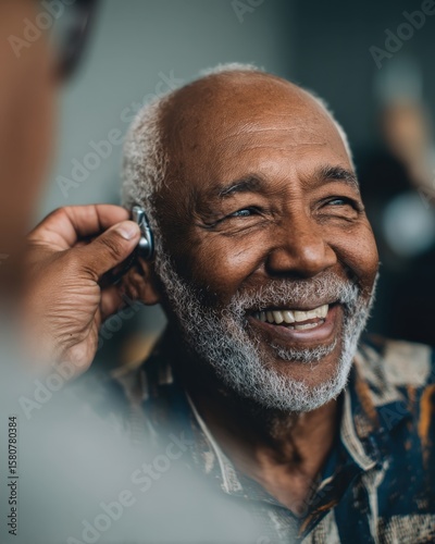 Senior Black man smiling while getting a hearing aid fitted.