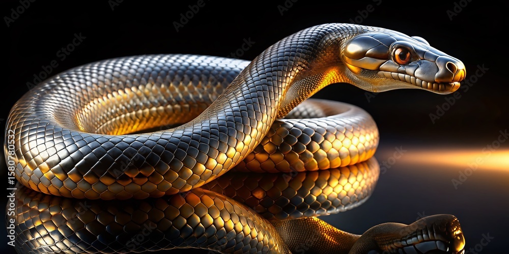 Fototapeta premium Elegant Silver-Gold Snake: Mysterious & Powerful Reptile in Amber Light