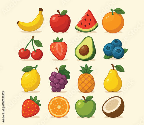 Colorful Fruit Icons Collection – Fresh and Juicy Food Set

