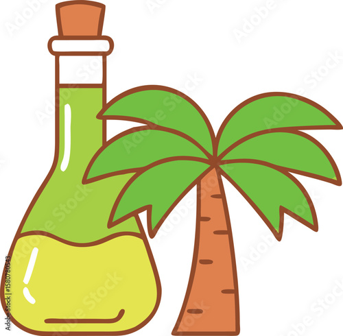 Green Potion Bottle with a Palm Tree. Magic elixir or tropical drink concept vector icon.
