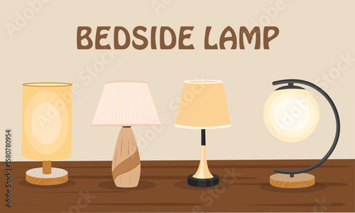 Table lamp or bedside lamp vector. Bedroom furniture, house interior decor items.  Lighting equipment clipart in flat cartoon style isolated.