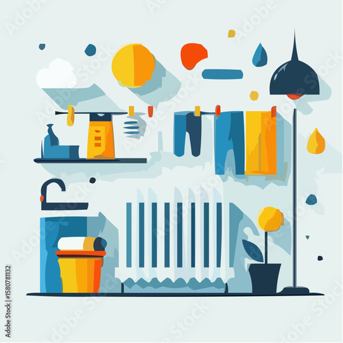 Colorful laundry room illustration with shelves, clothes, and plants  