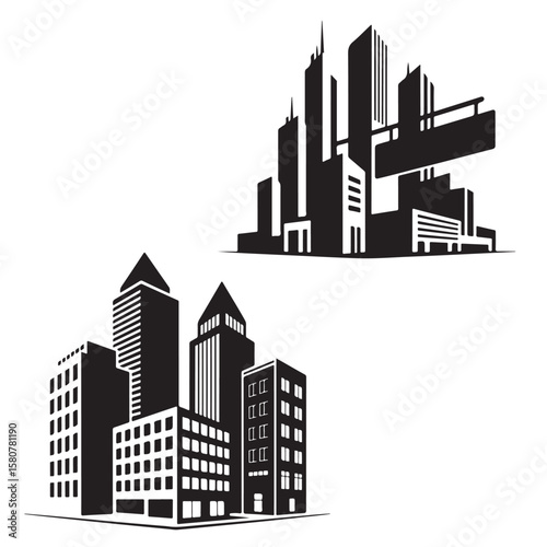 set vector various Buildings icon and office icon vector silhouettes