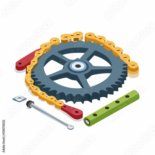 Isometric Illustration of Bicycle Drivetrain Parts Crank, Chain, and Sprocket for Gear Maintenance