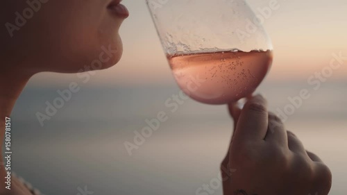 A woman enjoying a glass of rose wine at sunset by the sea. The glass is sweating and you can see the bubbles in the drink. Slow motion footage, relaxing, romantic mood.