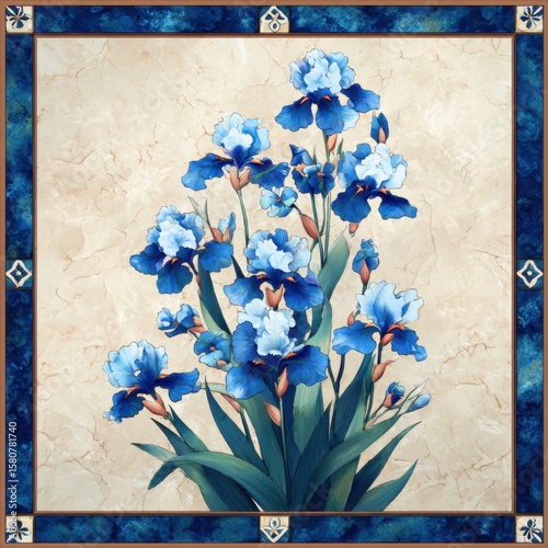 Elegant Blue Iris Blossoms on Creamy Beige Tile with Portuguese Inspired Indigo Borderwork