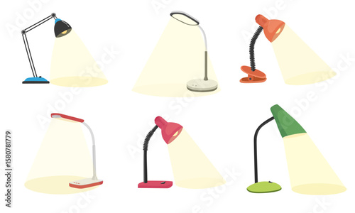 Table lamp vector. School supplies clip art. Back to school. Desk lamp. Lighting equipment clipart set in flat cartoon style isolated on white background.