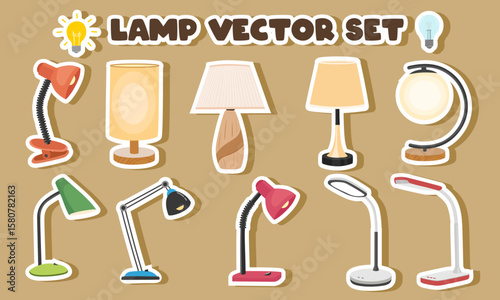 Lamp sticker vector set. Table lamp, desk lamp, bedside table lamp. Lighting equipment. Electric lamp clipart in flat cartoon style.