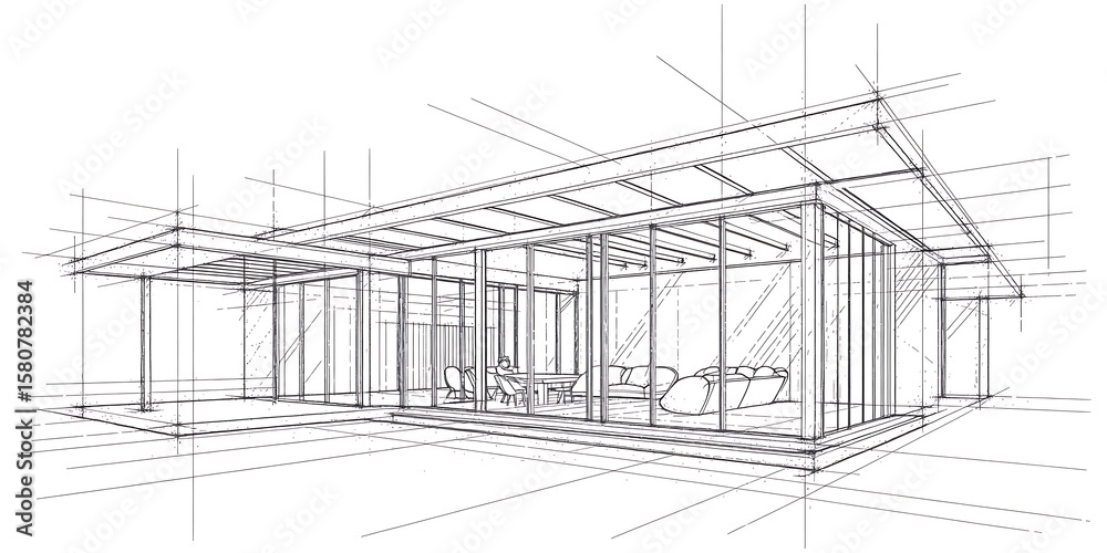 Fototapeta premium Architectural sketch of a modern glass house interior with furniture and construction lines