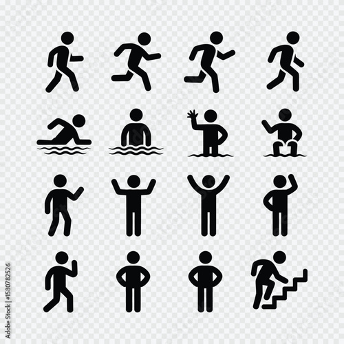 Collection of black stick figure icons showing various human actions and poses including walking, swimming, waving, and climbing stairs

