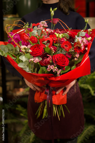 Bright Red Bouquet with Roses and Eucalyptus for Special Occasions