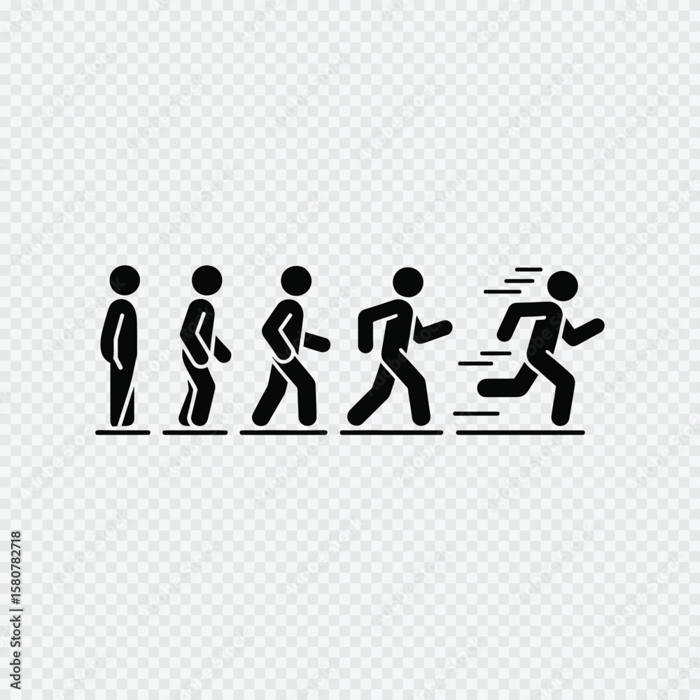 Naklejka premium Evolution of human movement from standing to running illustrated with black stick figure icons on transparent background