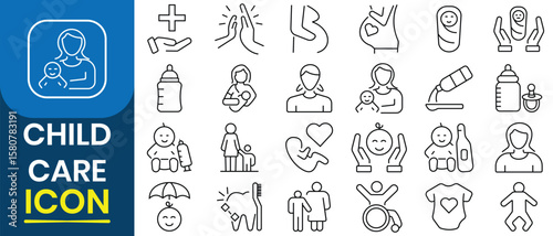  Child care icon vector set. International children day. Baby care with gift, girl, boy, swing, lollipop and bottle, kid rights, parenthood. Vector illustration. 