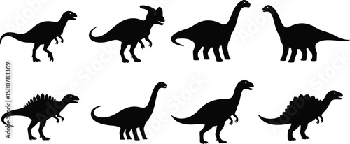 Diverse Dinosaur Silhouettes Collection: Various Prehistoric Creatures Including Tyrannosaurus, Stegosaurus, and Brontosaurus for Educational and Kids' Designs
