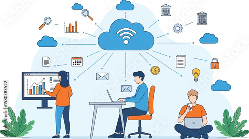 Cloud computing services for business solutions and data management strategy with remote work concept
