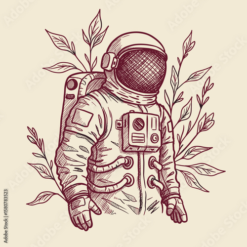 Astronaut standing amidst illustrated leaves in vintage style  