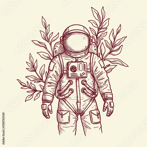 Astronaut with helmet surrounded by plants in decorative style  
