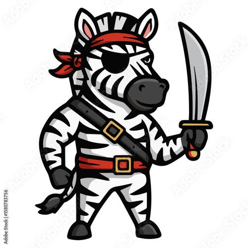 Brave cartoon zebra warrior with sword. Strength, agility, martial arts. Dynamic action, powerful combat. Determined and adventurous character. Stripey.
