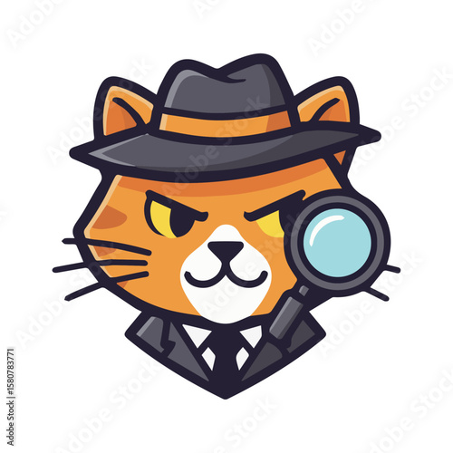 Astute cartoon cat detective in trench coat, hat, magnifying glass. Investigation, problem-solving, mystery, inquiry. Observant and intelligent character.