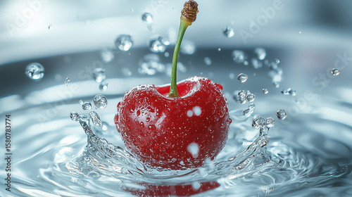 High-Speed Capture of Red Cherries Plunging into Water: Glossy Skins Creating Splash and Ripples, Submerged Bubbles, and Clear Glass on White Surface